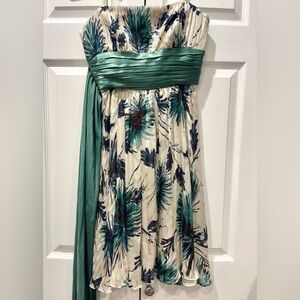 BCBG Max Azria Strapless Dress with Green and Blue Floral Design and green sash